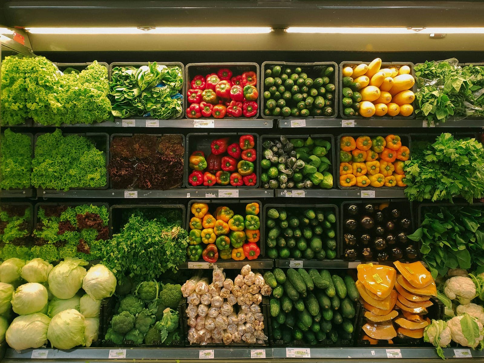 Fresh produce stocked on grocery shelves