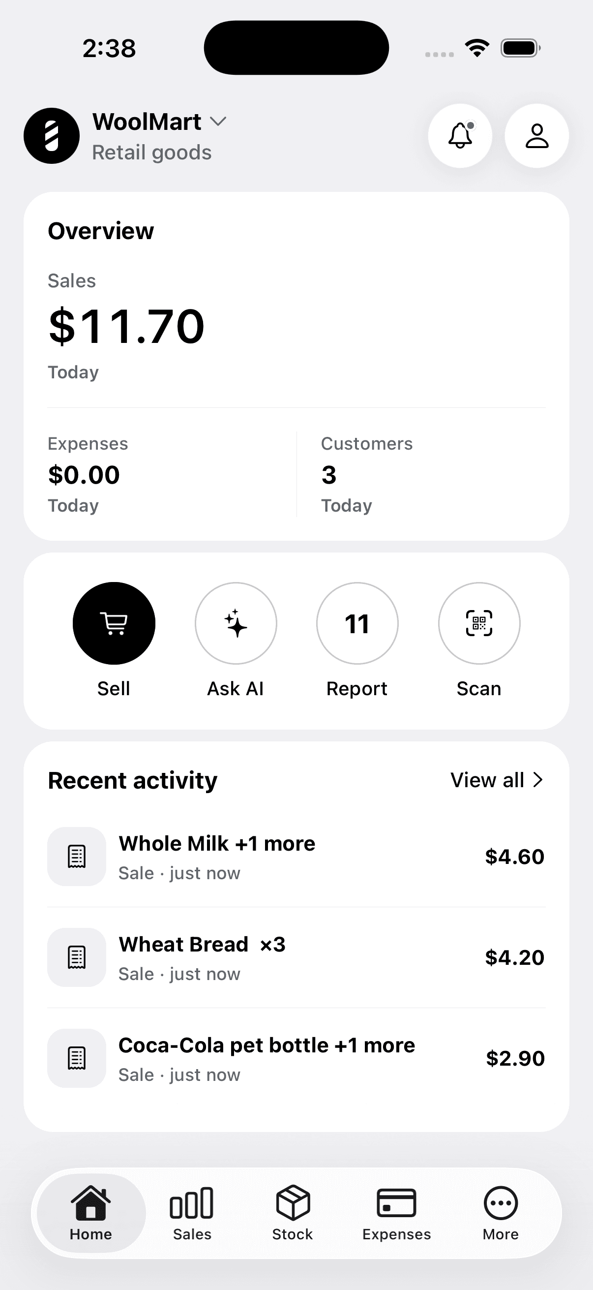 Vemmo home screen showing today’s sales, expenses, and recent activity for a shop