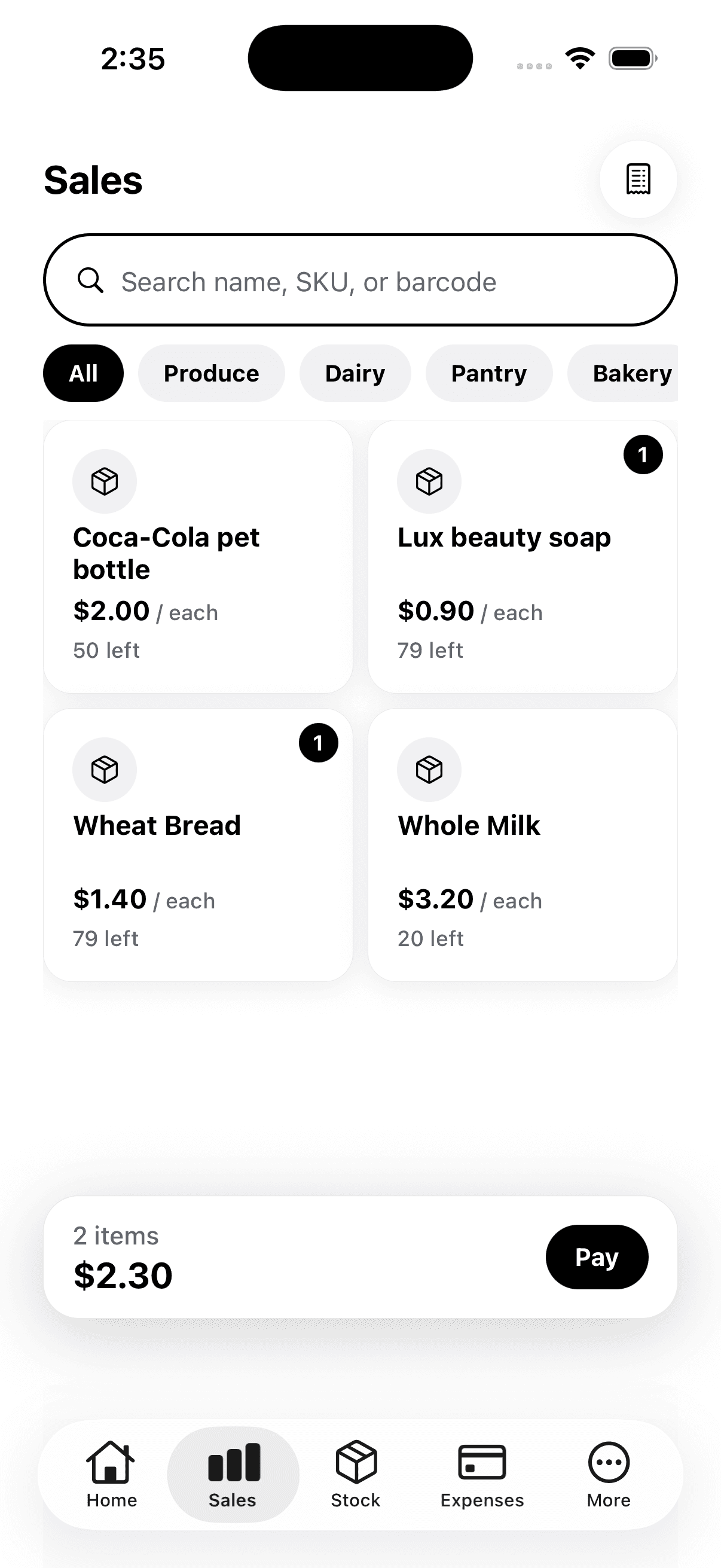 Vemmo sales screen with products, quantities, and a pay total