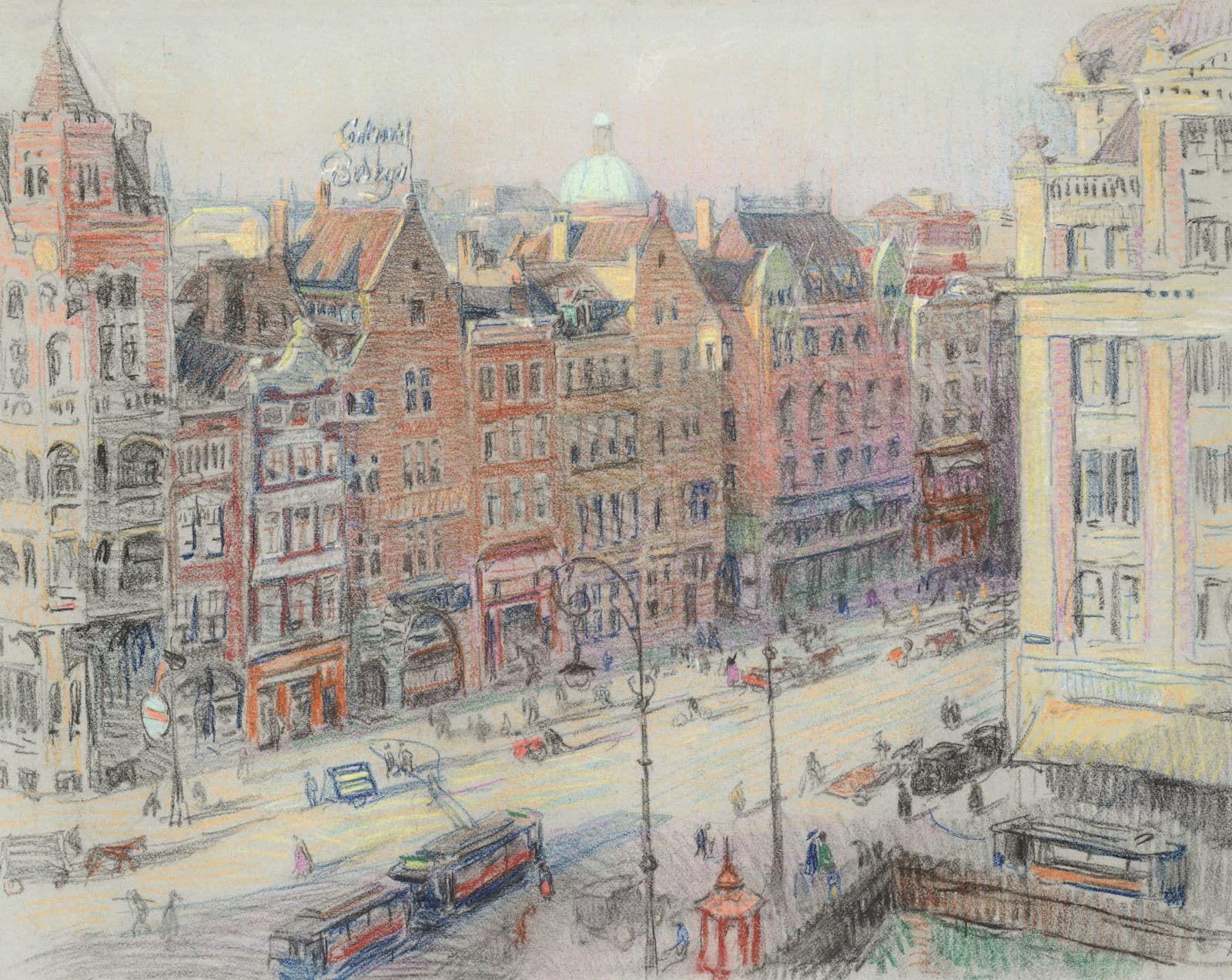 Hand-drawn artistic illustration of a bustling shopfront street